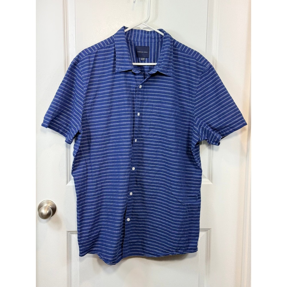 American Eagle Mens XXL Blue White Striped Short Sleeve Cotton Button Down Shirt